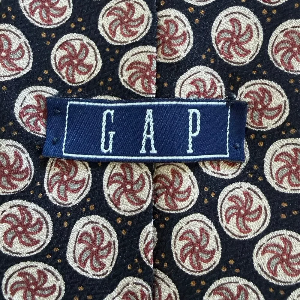 Vintage Gap 100% Silk Pinwheel Print Necktie Retro Tie Black & Tan
